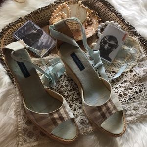 Burberry Blue Nova Check Plaid Espadrilles Wedge Heel Authentic Pastel Designer